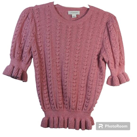 Calligraphie Pink Puff Sleeve Swiss Dot Ruffle Short Sleeve Sweater Size Small - Picture 1 of 7